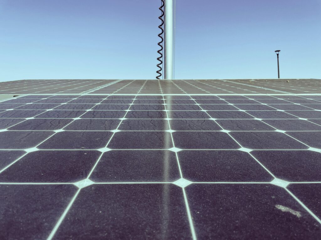 Detailed view of solar panels capturing sunlight, showcasing renewable energy technology.